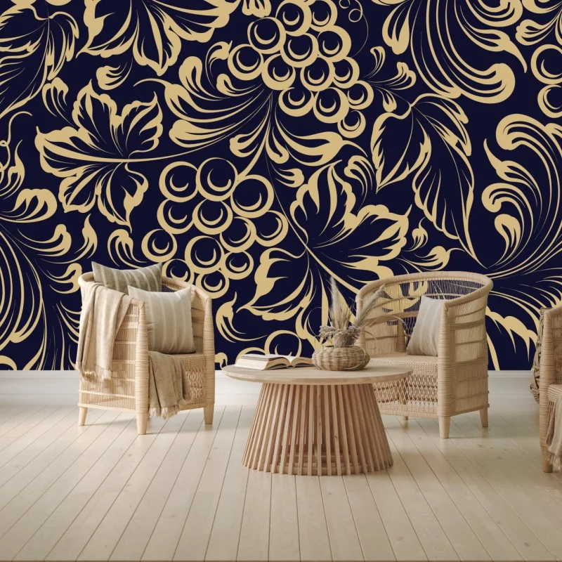 Carta da parati elegante motivo barocco con grappoli d'uva