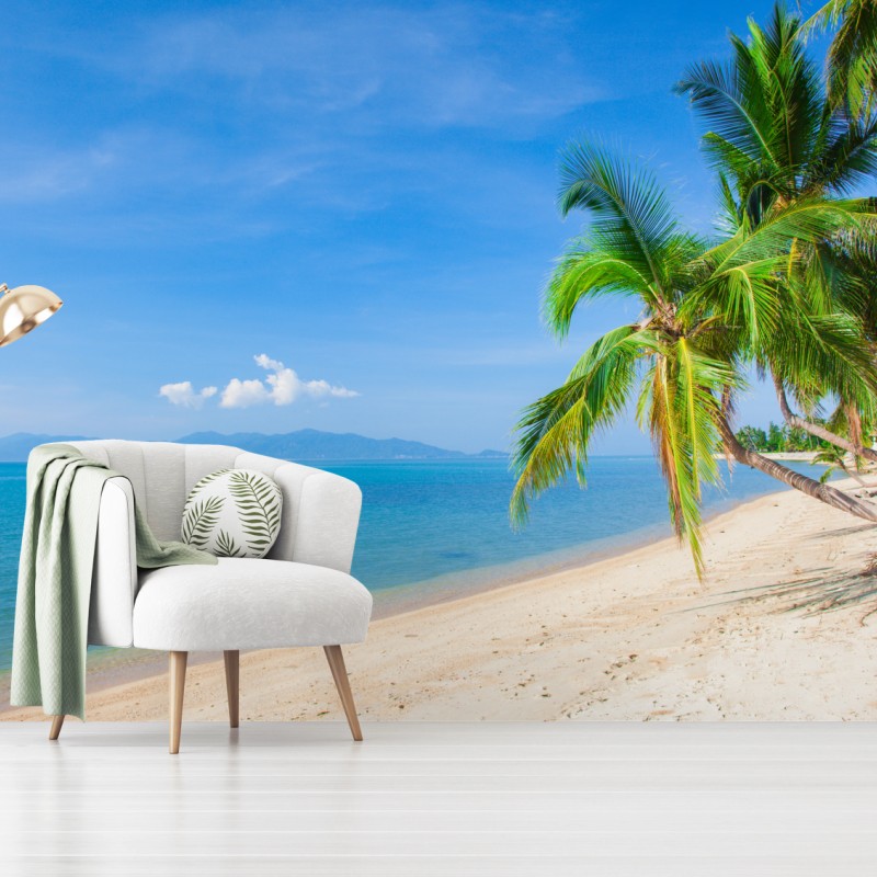Carta da parati spiaggia tropicale con palme e mare turchese