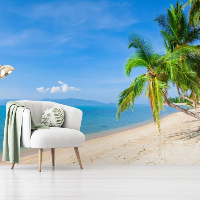 Carta da parati spiaggia tropicale con palme e mare turchese