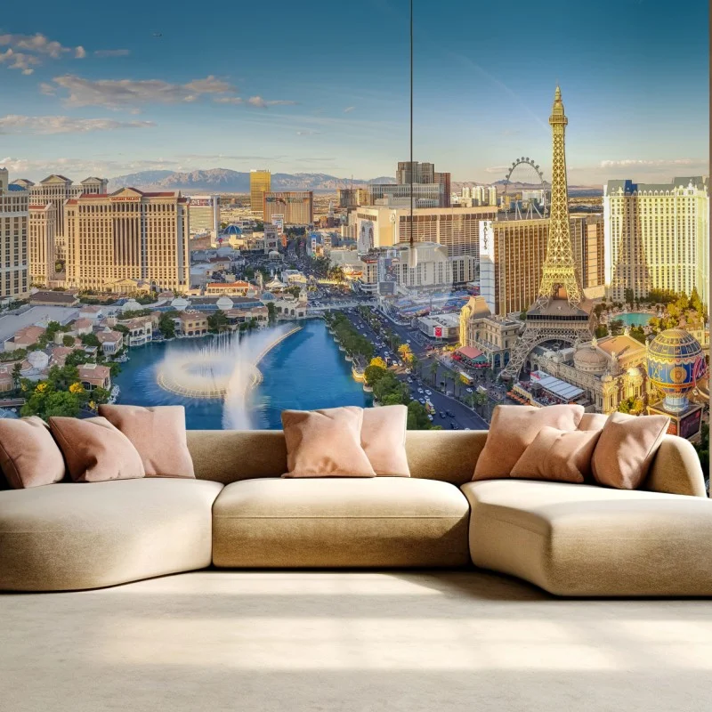 Carta da parati panoramica di Las Vegas al tramonto con Torre Eiffel e fontane