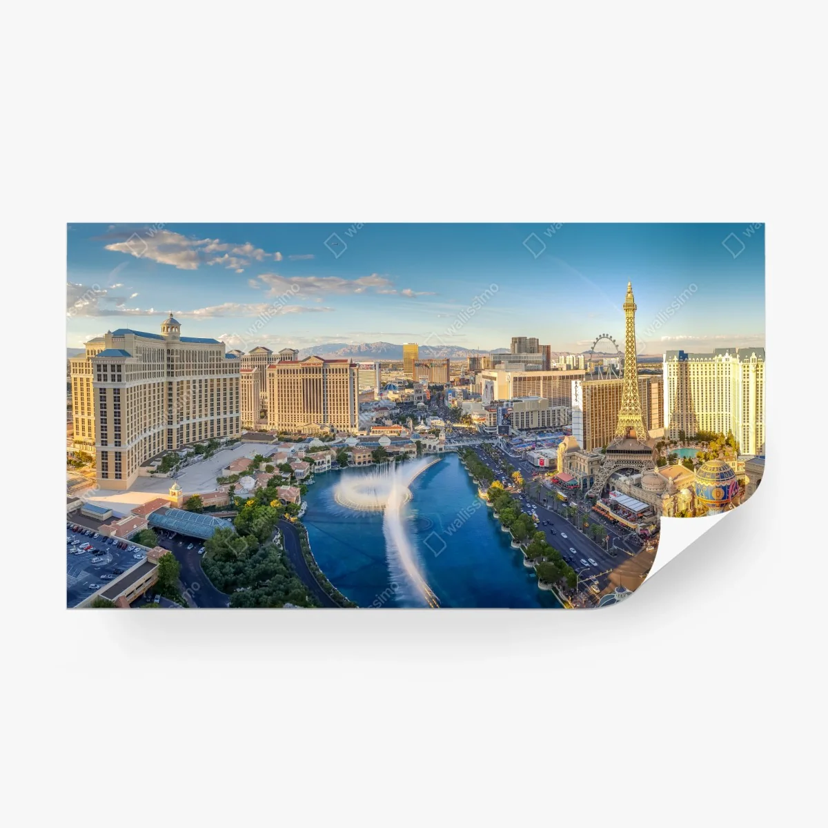 Carta da parati panoramica di Las Vegas al tramonto con Torre Eiffel e fontane • Wallissimo®