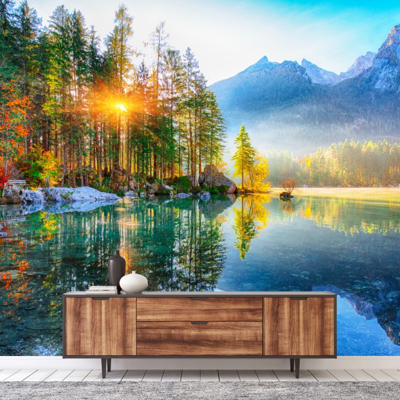 Carta da parati alba autunnale a Hintersee: panorama alpino riflesso
