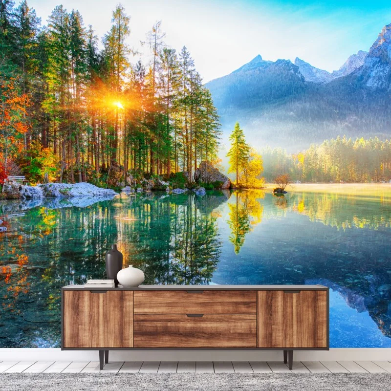 Carta da parati alba autunnale a Hintersee: panorama alpino riflesso
