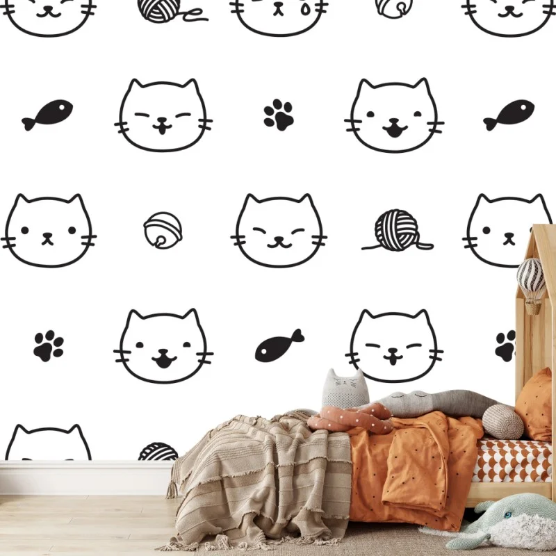 Carta da parati pattern gatti giocosi in bianco e nero