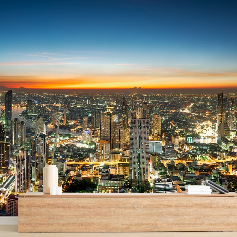 Carta da parati panorama notturno sul fiume Chao Phraya a Bangkok