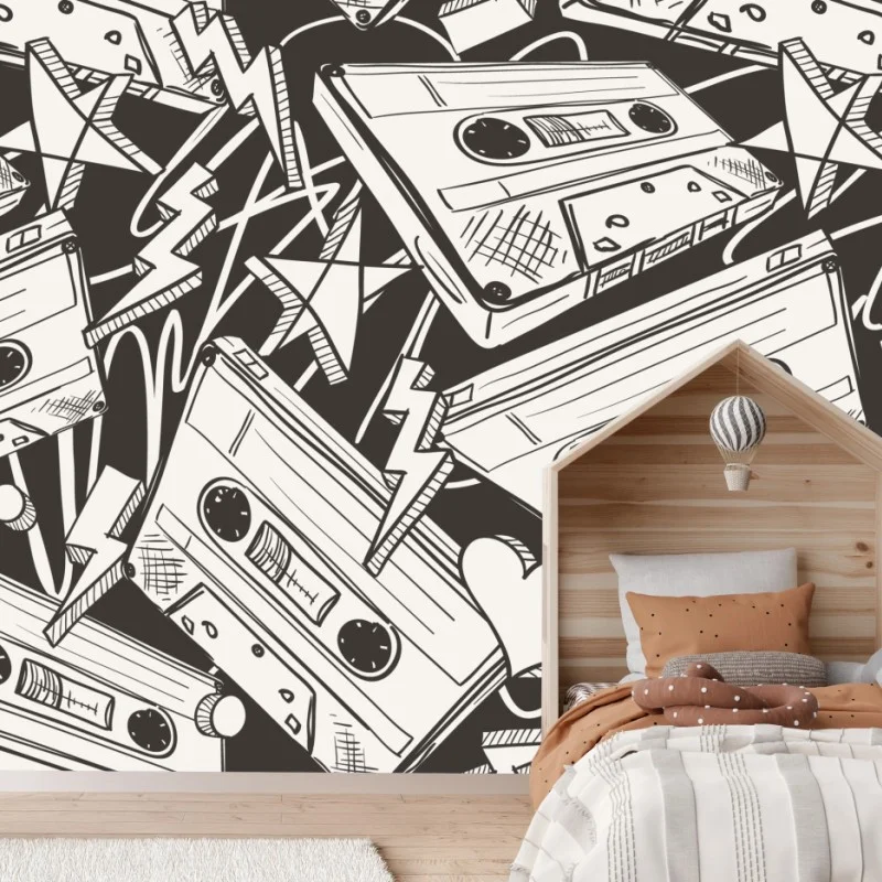Carta da parati motivo vintage di cassette audio