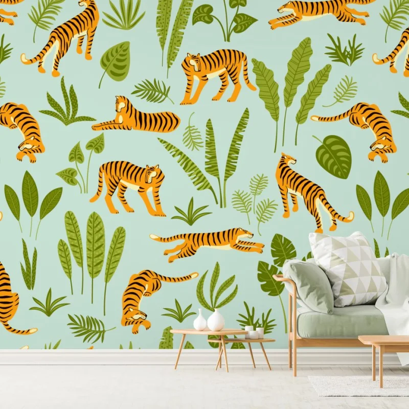Carta da parati motivo tigrato tropicale per interni