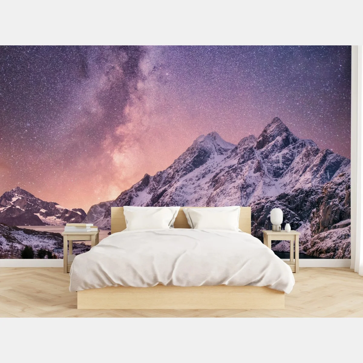 Carta da parati notte artica: montagne e via lattea in Norvegia • Wallissimo® Carta da parati notte artica: montagne e via lattea in Norvegia • Wallissimo®