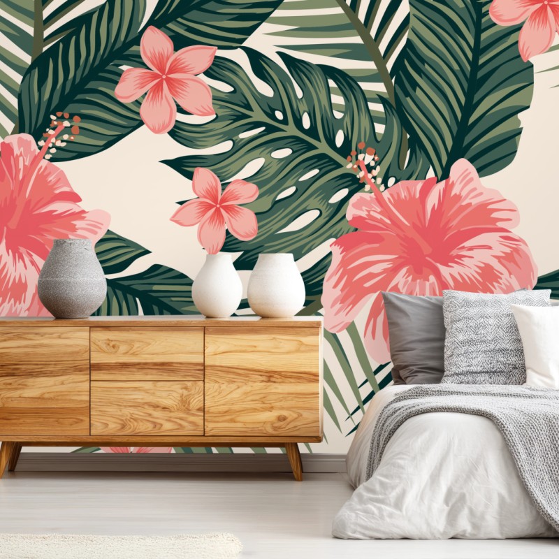 Carta da parati motivo tropicale con ibischi rosa