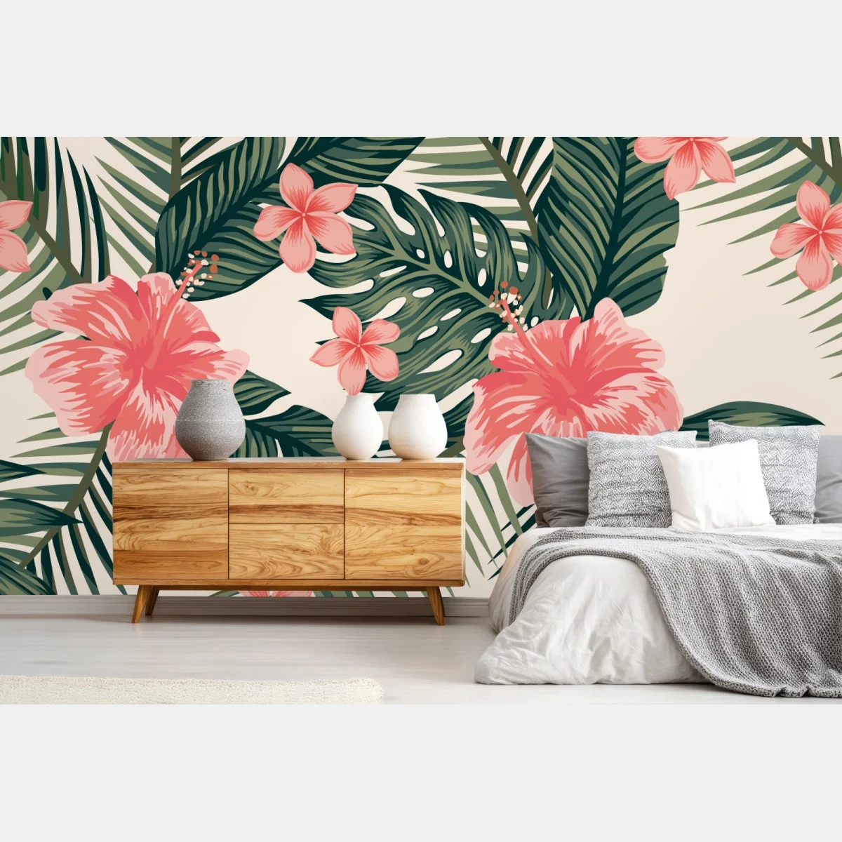 Carta da parati motivo tropicale con ibischi rosa • Wallissimo® Carta da parati motivo tropicale con ibischi rosa • Wallissimo®
