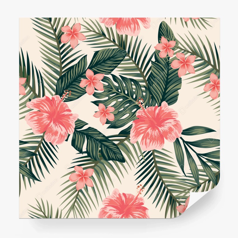 Carta da parati motivo tropicale con ibischi rosa