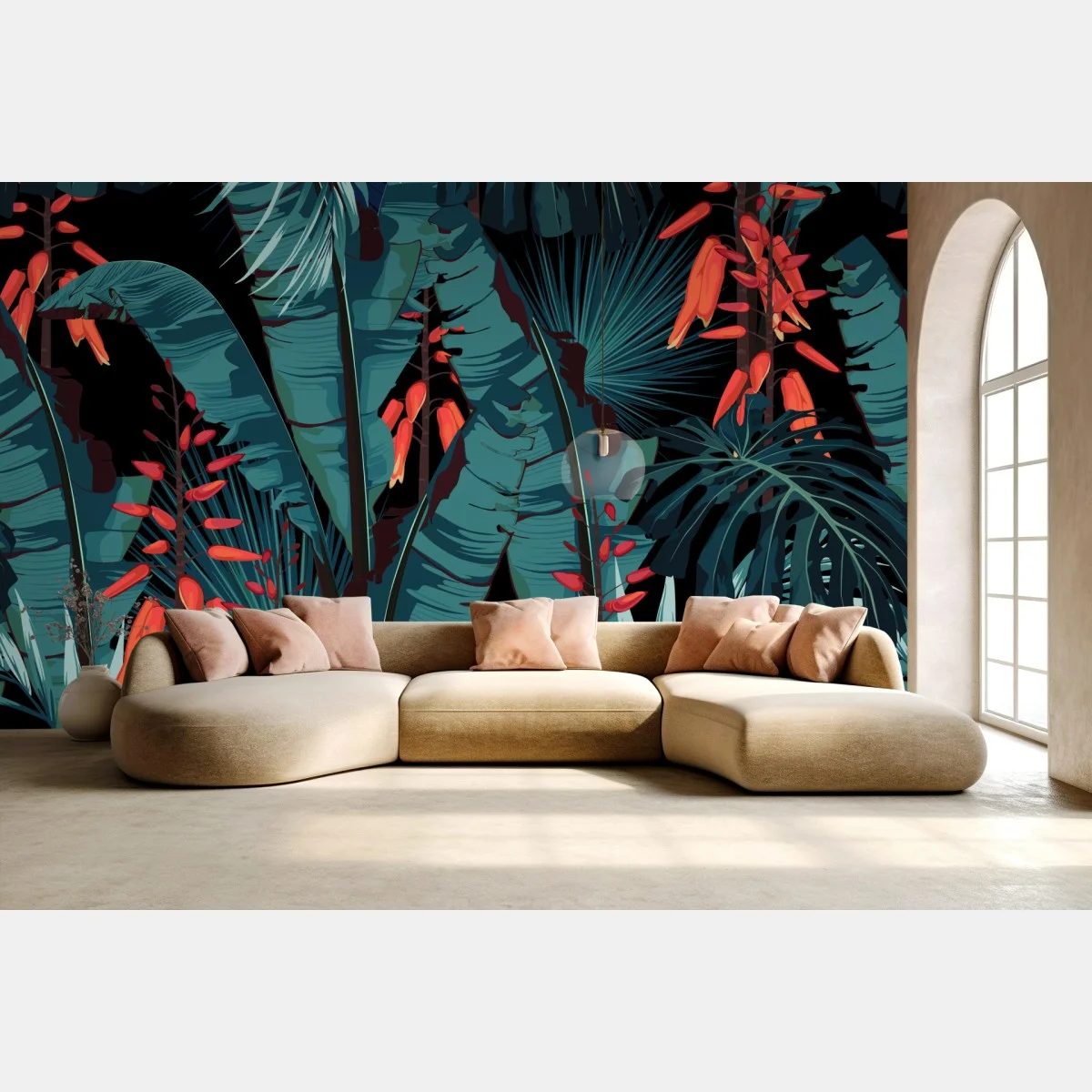 Carta da parati motivo tropicale notturno con foglie turchesi e fiori corallo • Wallissimo® Carta da parati motivo tropicale notturno con foglie turchesi e fiori corallo • Wallissimo®