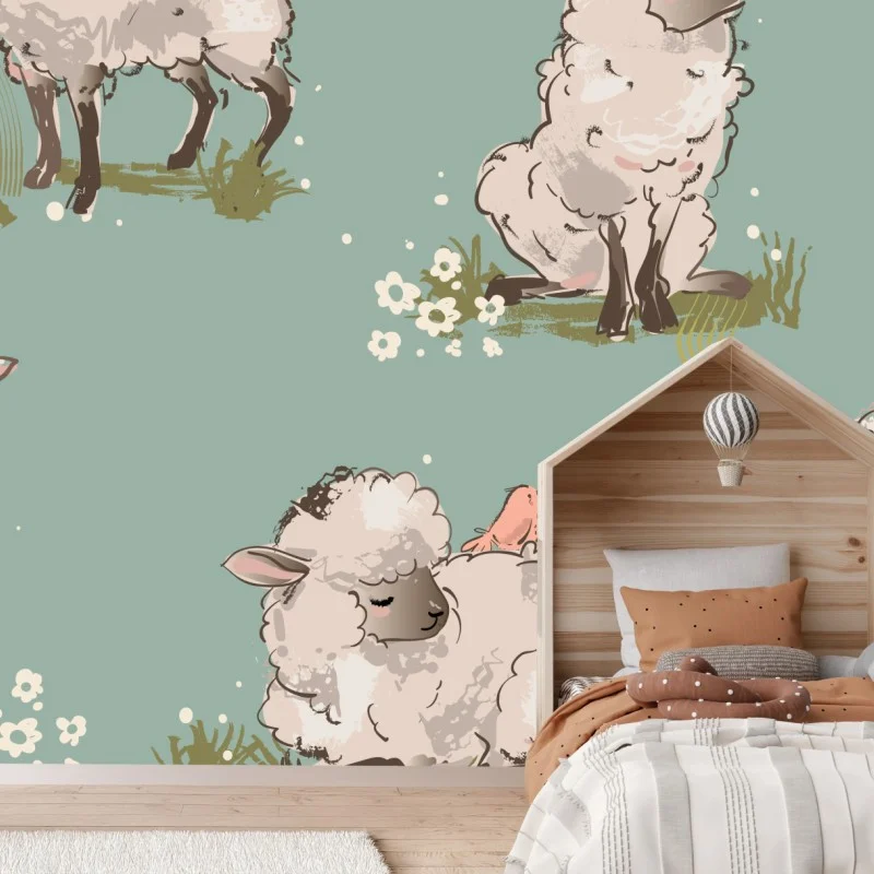 Carta da parati pecorelle soffici in prato fiorito
