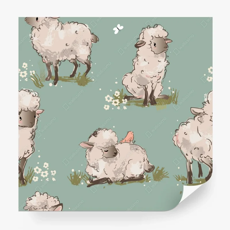Carta da parati pecorelle soffici in prato fiorito