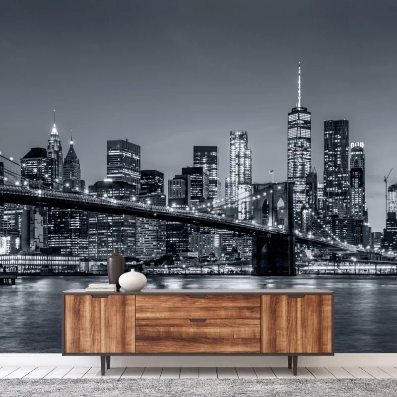 Carta da parati panorama notturno di New York con il ponte di Brooklyn