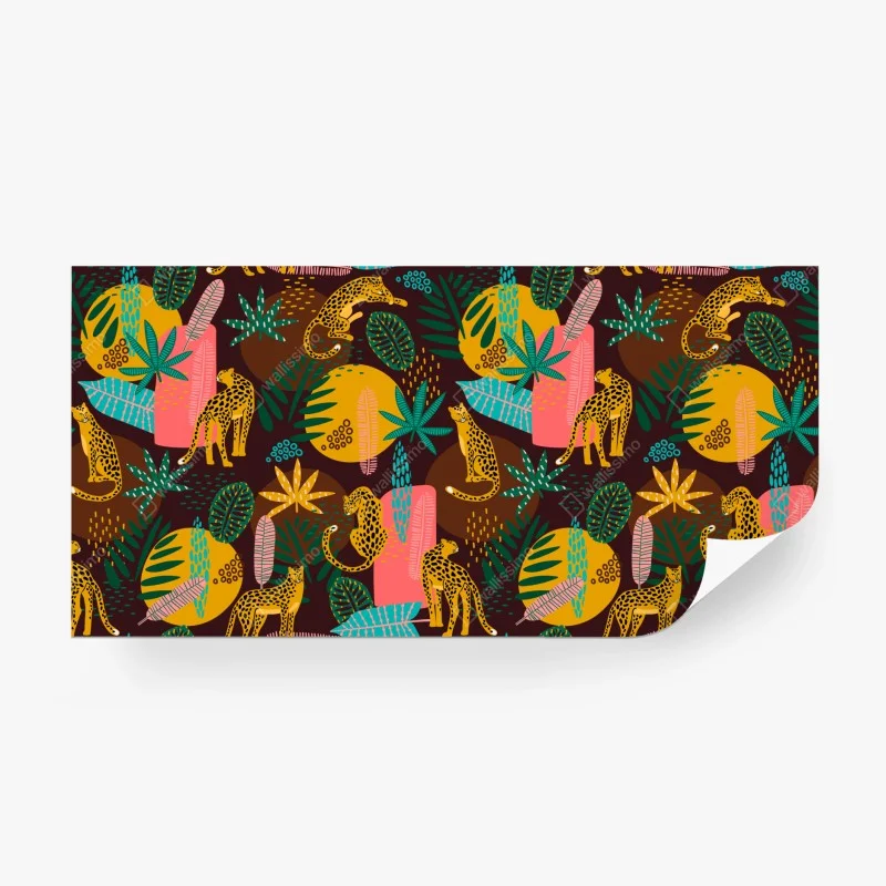 Carta da parati pattern tropicale con giaguari e foglie colorate
