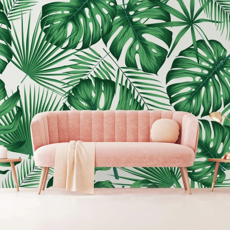 Carta da parati motivo tropicale di foglie verdi