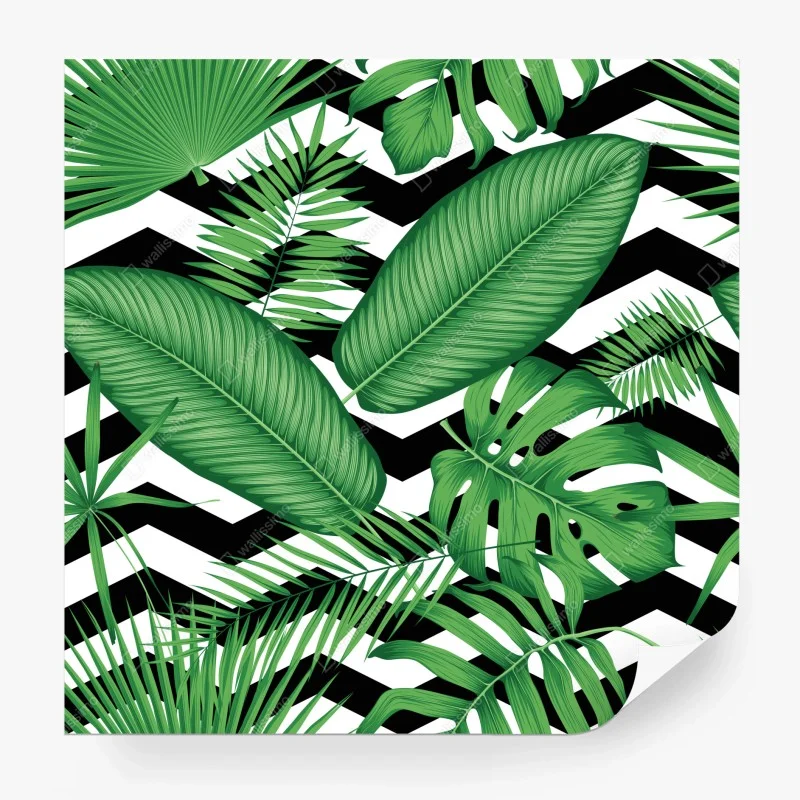 Carta da parati grafica tropicale con foglie verdi su motivo zigzag
