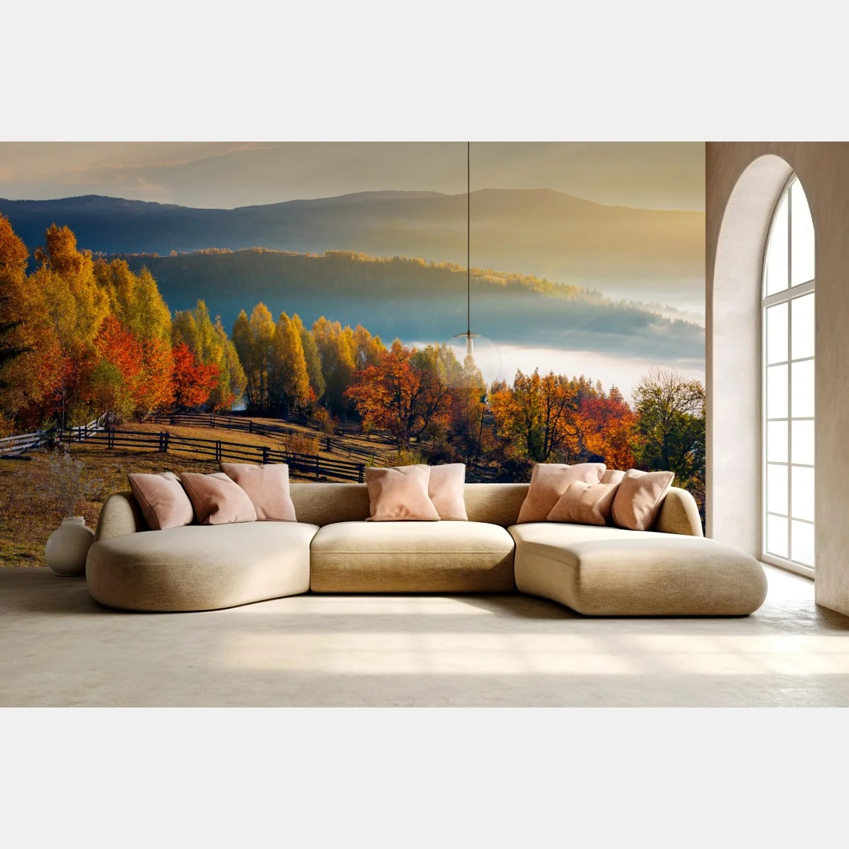 Carta da parati mattina d'autunno sulle colline nebbiose • Wallissimo® Carta da parati mattina d'autunno sulle colline nebbiose • Wallissimo®