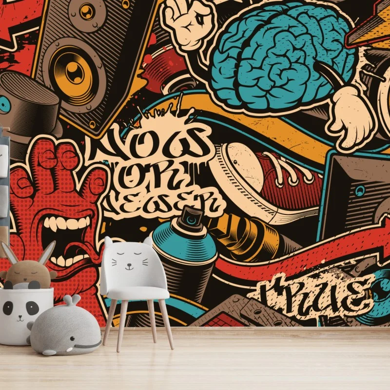Carta da parati collage urbano vintage di musica e street art