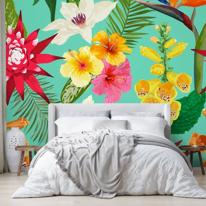 Carta da parati paradiso floreale tropicale su sfondo turchese
