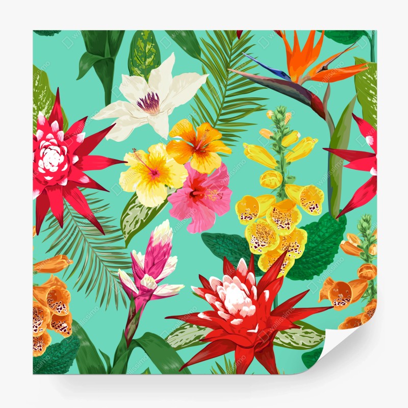 Carta da parati paradiso floreale tropicale su sfondo turchese