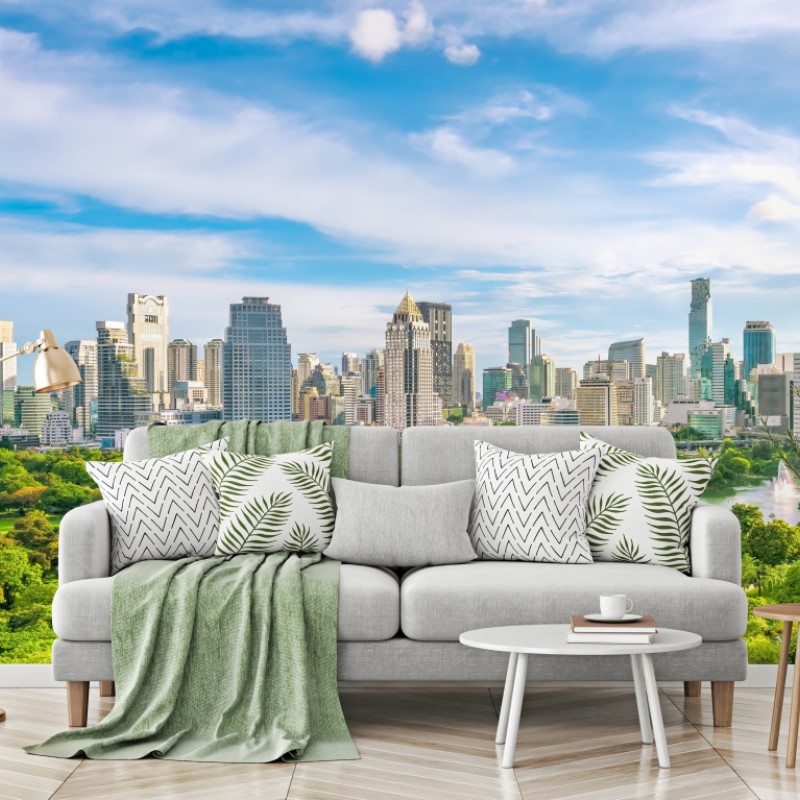 Carta da parati panorama urbano di Bangkok con il parco Lumpini