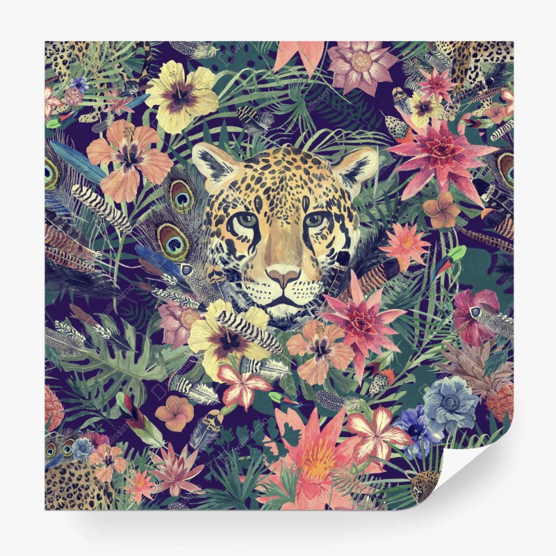 Carta da parati ritratto floreale di leopardo in acquerello
