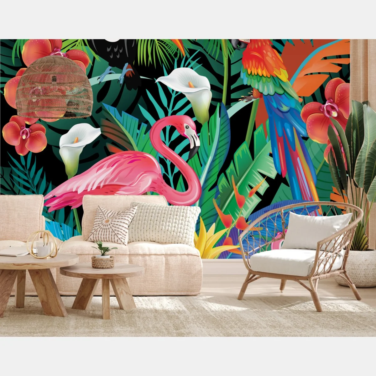Carta da parati vibrazioni tropicali: fauna e flora colorata • Wallissimo® Carta da parati vibrazioni tropicali: fauna e flora colorata • Wallissimo®
