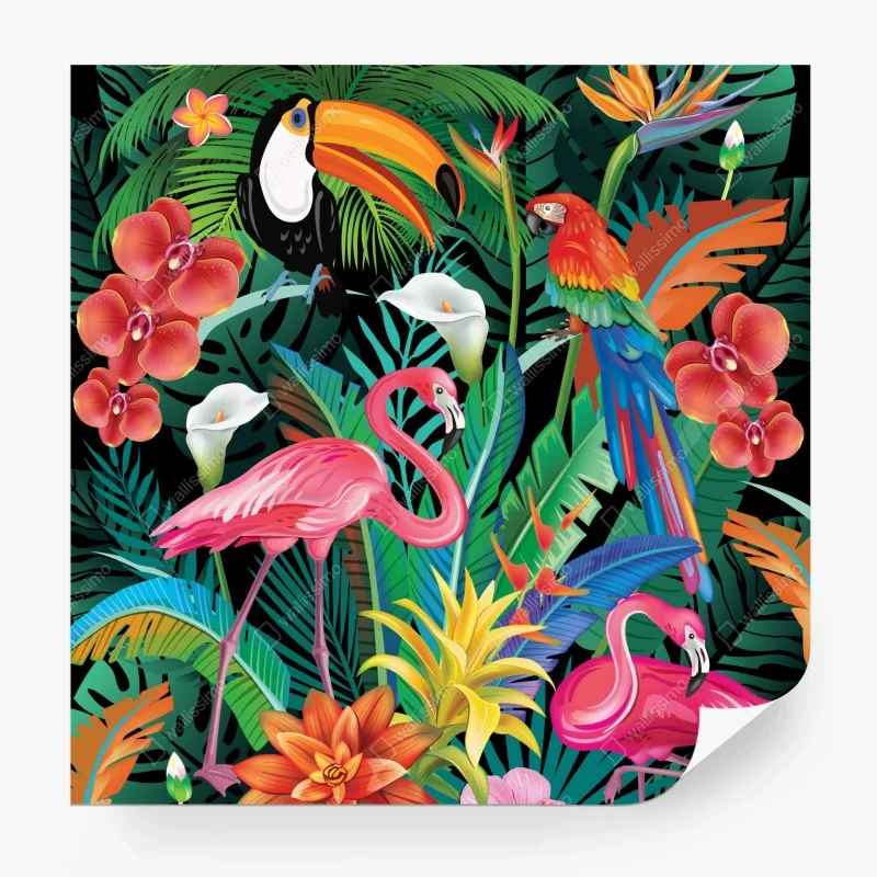 Carta da parati vibrazioni tropicali: fauna e flora colorata