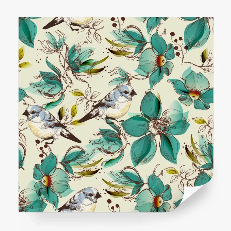 Carta da parati motivo retrò di fiori e uccelli turchesi