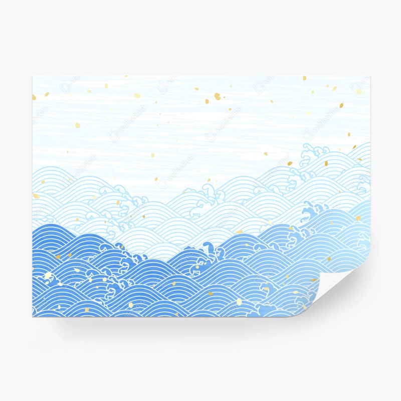 Carta da parati motivo di onde stilizzate in blu con dettagli dorati