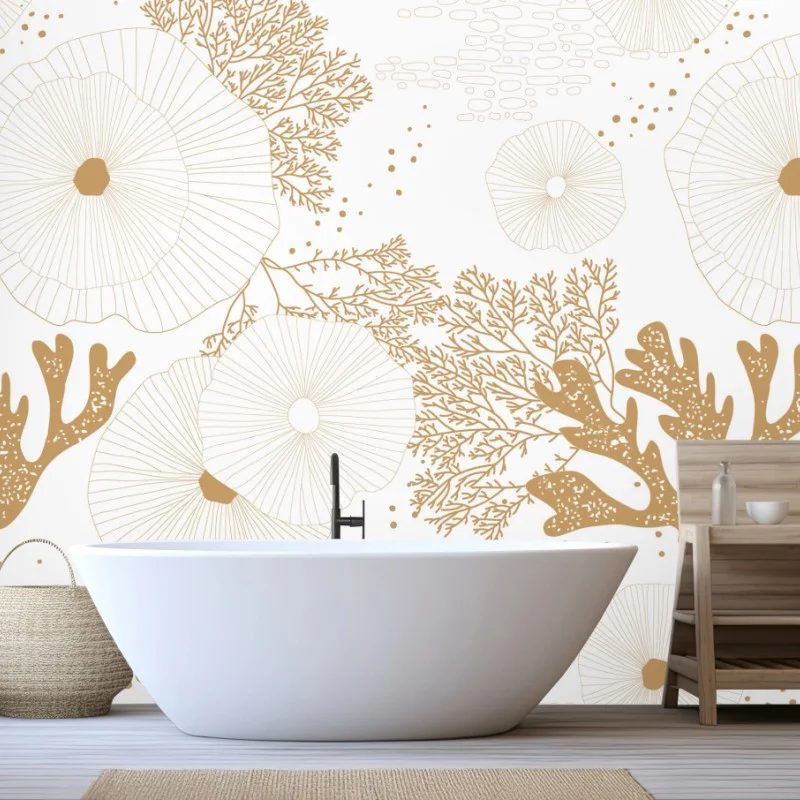 Carta da parati coralli e anemoni dorati su sfondo bianco