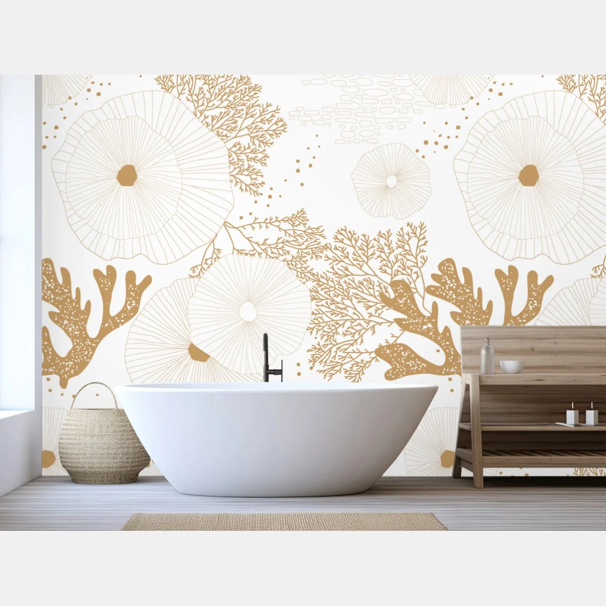 Carta da parati coralli e anemoni dorati su sfondo bianco • Wallissimo® Carta da parati coralli e anemoni dorati su sfondo bianco • Wallissimo®