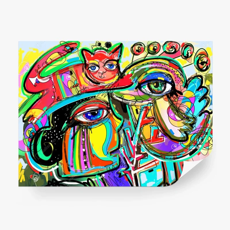 Carta da parati ritratto astratto con gatto rosso e uccello