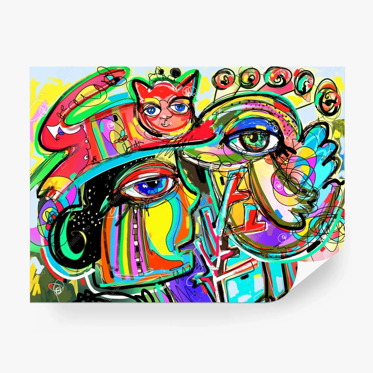 Carta da parati ritratto astratto con gatto rosso e uccello • Wallissimo® Carta da parati ritratto astratto con gatto rosso e uccello • Wallissimo®