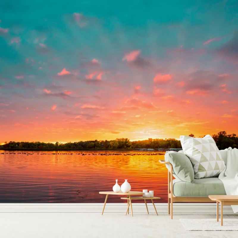 Carta da parati tramonto vibrante sul lago