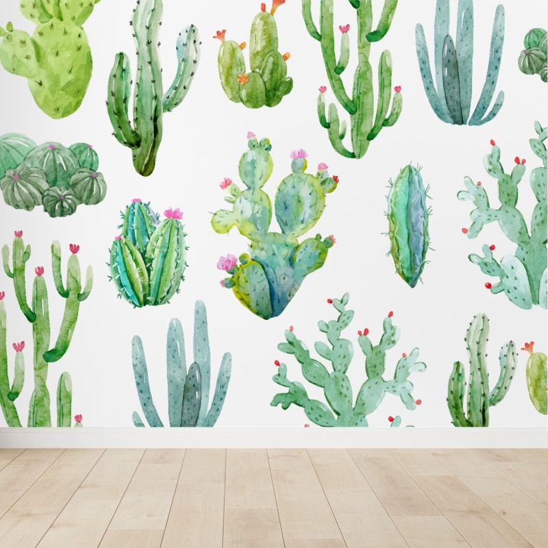 Carta da parati motivo botanico di cactus acquerellati
