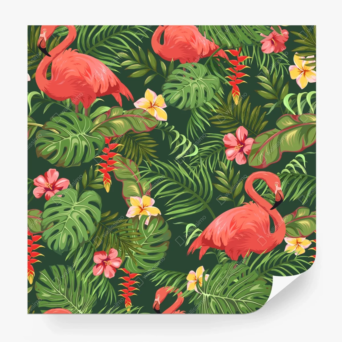 Carta da parati motivo tropicale con fenicotteri rosa • Wallissimo®