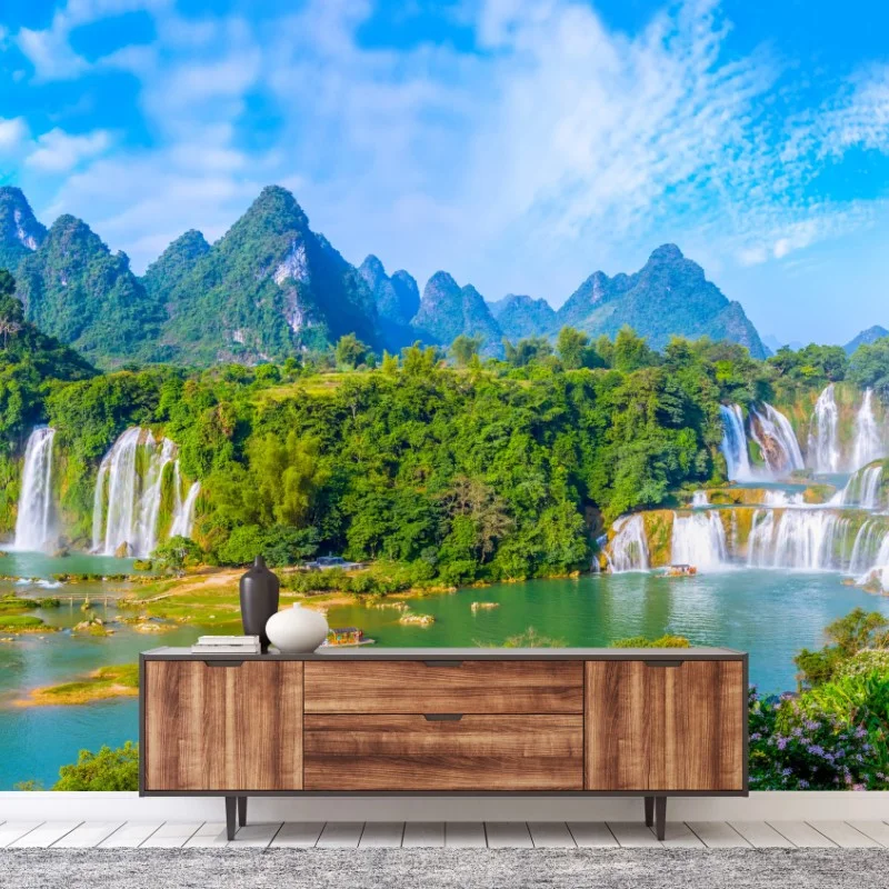 Carta da parati paesaggio di cascate tra montagne carsiche