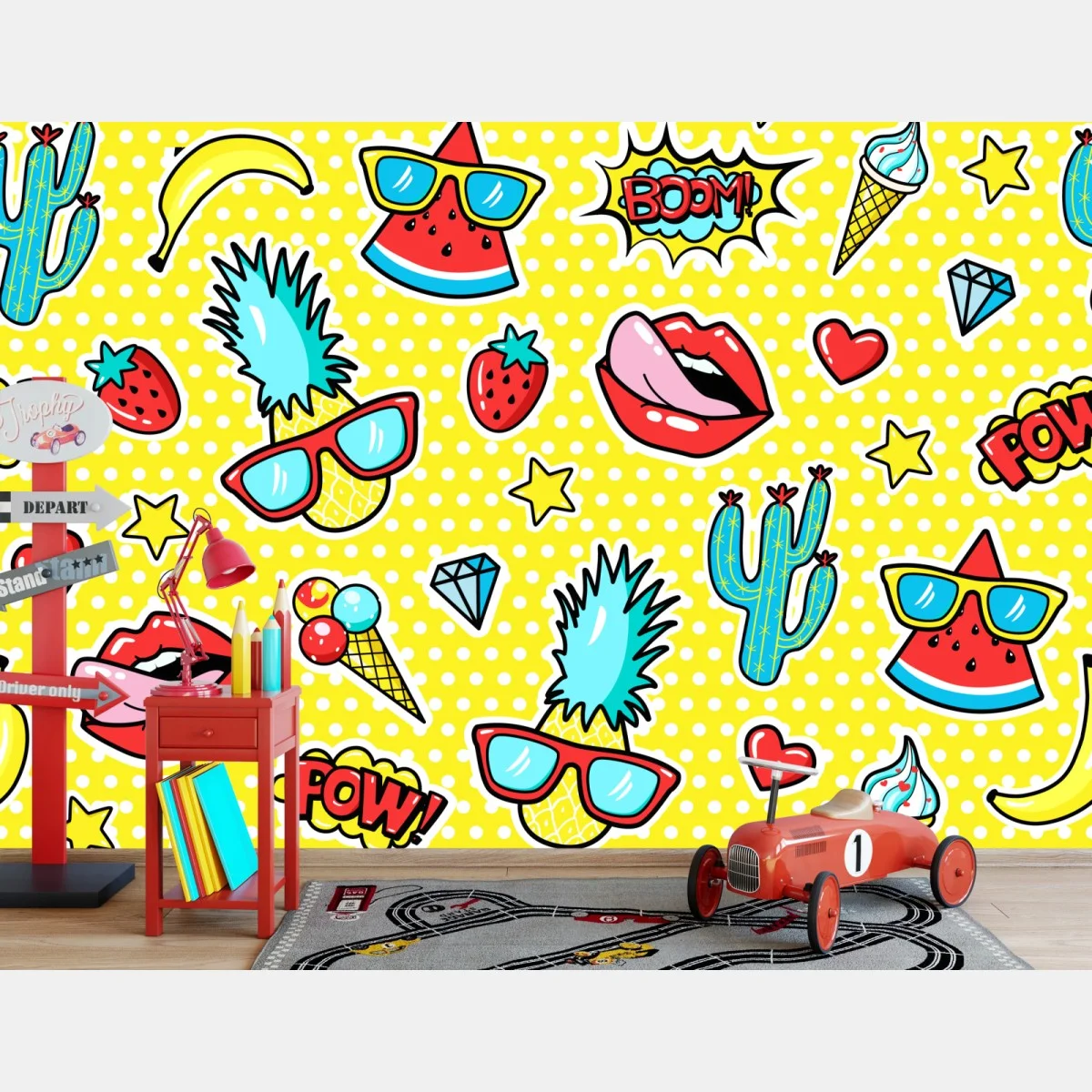 Carta da parati motivo pop art estivo con frutta e simboli divertenti • Wallissimo® Carta da parati motivo pop art estivo con frutta e simboli divertenti • Wallissimo®
