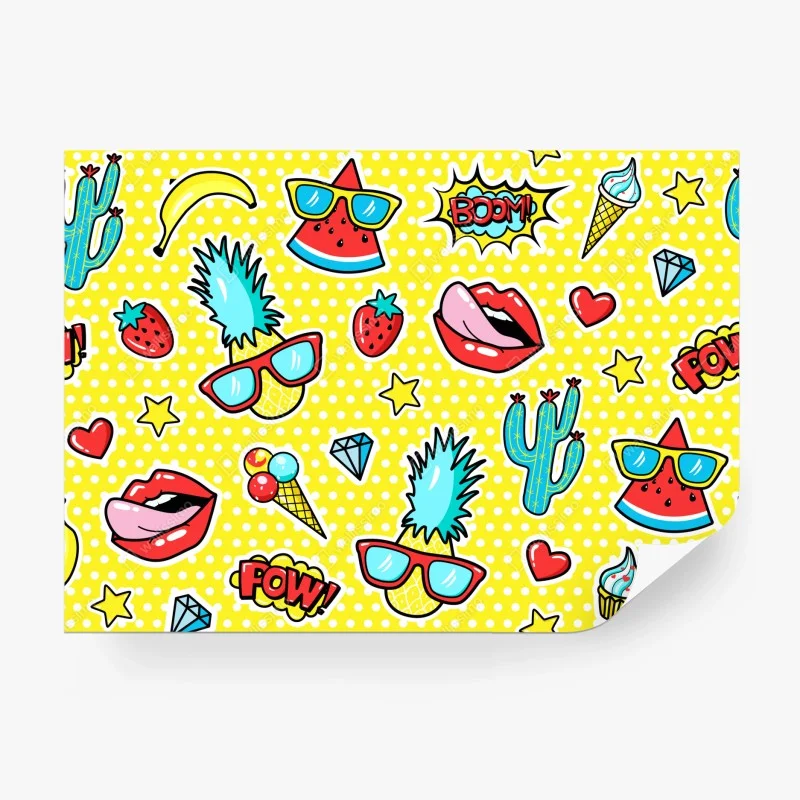 Carta da parati motivo pop art estivo con frutta e simboli divertenti