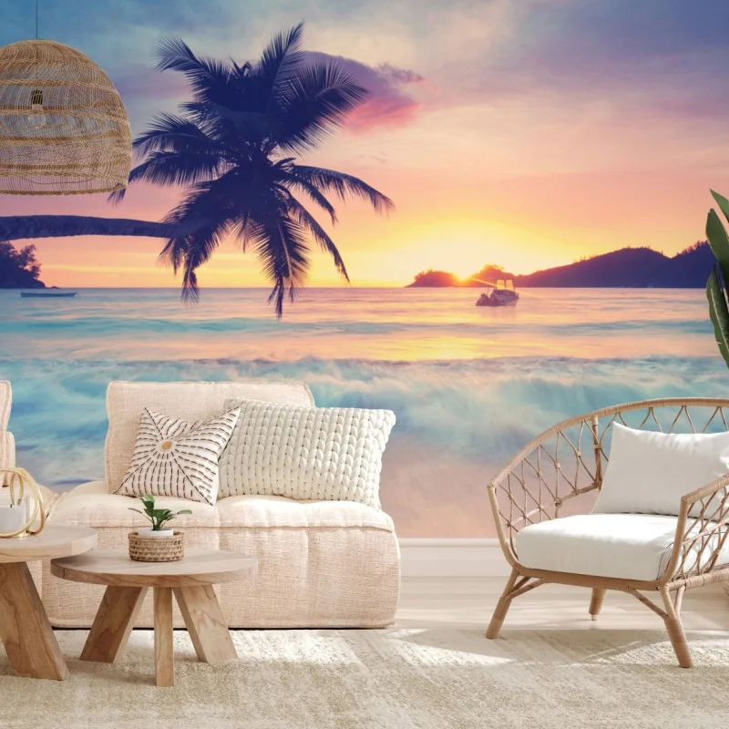 Carta da parati tramonto tropicale con palma sul mare