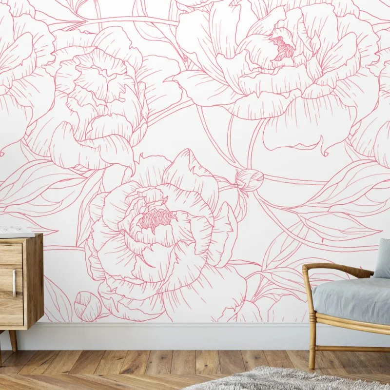 Carta da parati motivo floreale di peonie rosa su sfondo bianco
