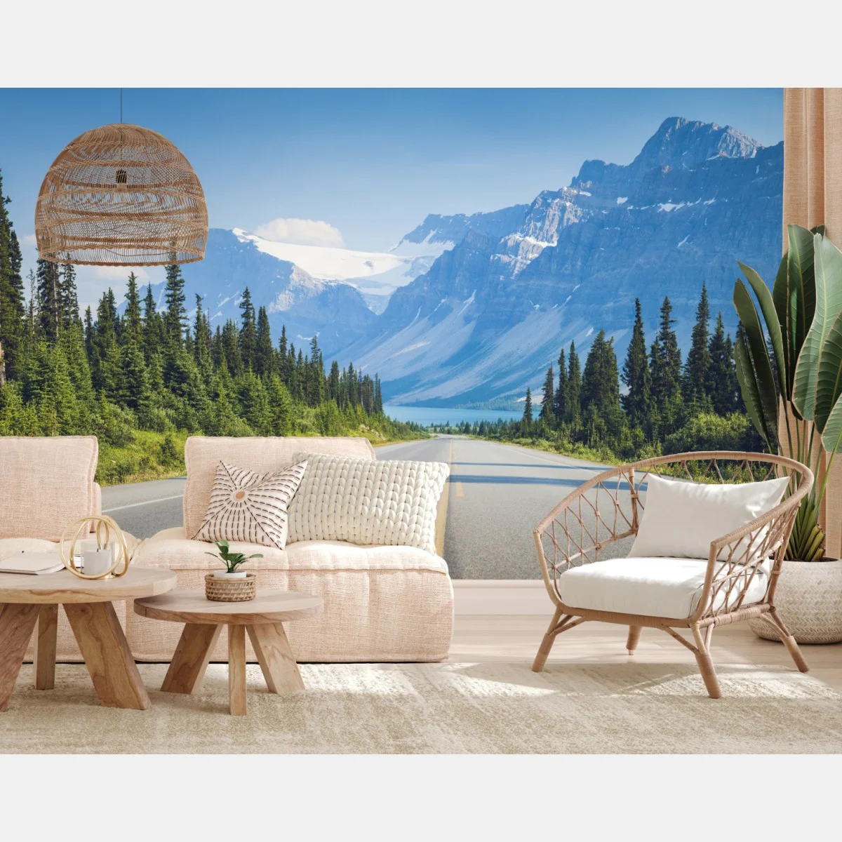 Carta da parati strada verso le montagne innevate • Wallissimo® Carta da parati strada verso le montagne innevate • Wallissimo®