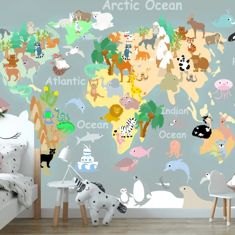 Carta da parati mappa del mondo degli animali per bambini