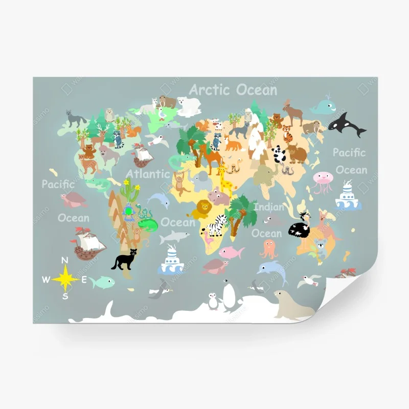 Carta da parati mappa del mondo degli animali per bambini
