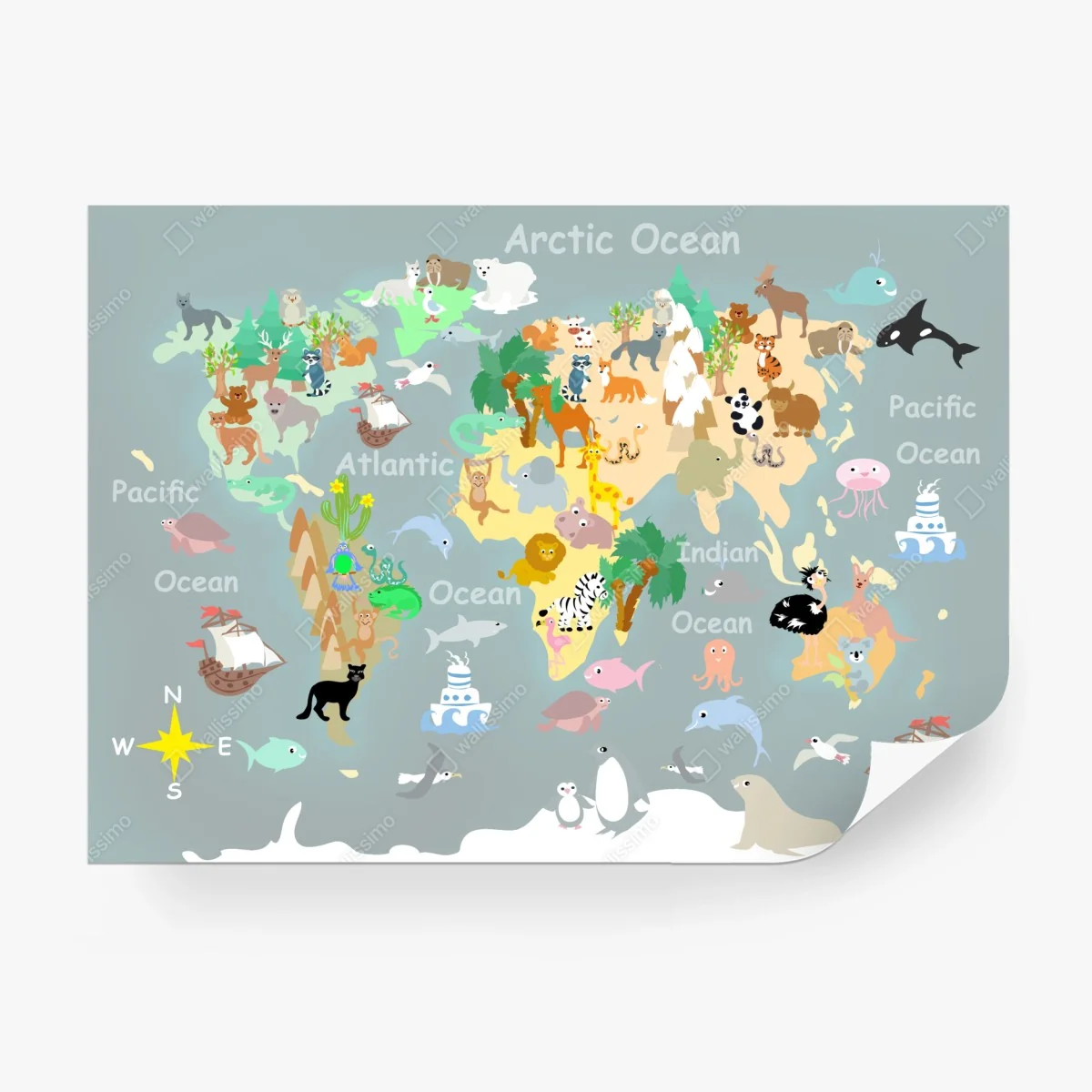 Carta da parati mappa del mondo degli animali per bambini • Wallissimo®