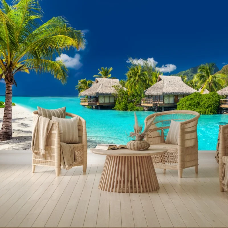 Carta da parati paradiso tropicale con bungalow sull'acqua