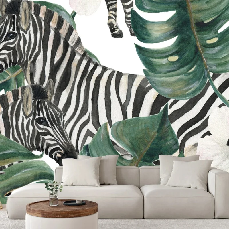 Carta da parati motivo tropicale con zebre e foglie di monstera